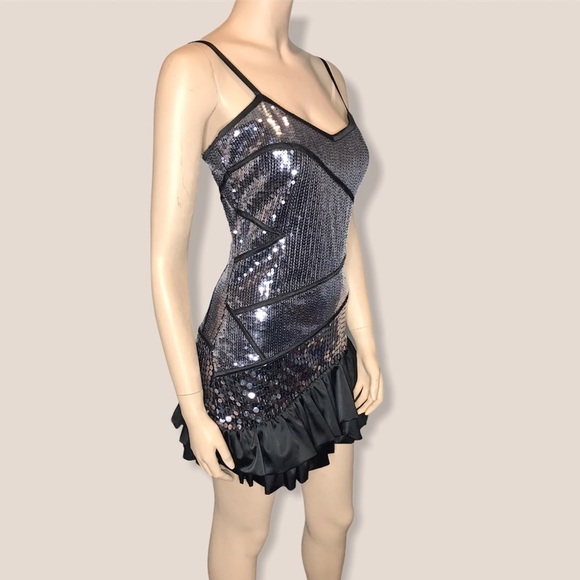 Bebe Silver Sequin And Black Mini Cocktail Dress